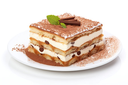 Tiramisu cake on white plate isolated on white background.の素材