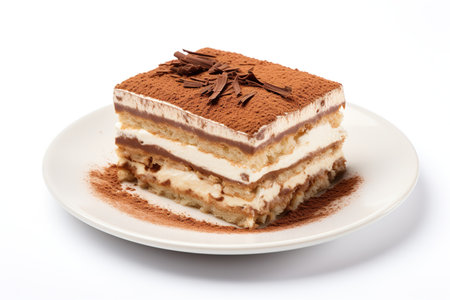 Tiramisu cake on a white plate, isolated on whiteの素材