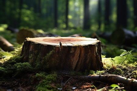 Wooden stump in the forest with green moss and tree trunksの素材