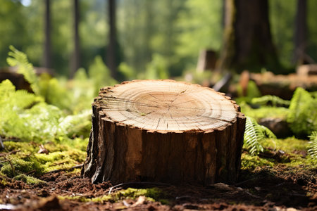 Wooden stump in the forest with moss and trees in the backgroundの素材