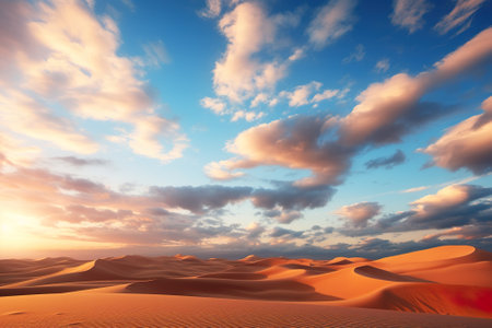 Desert sand dunes at sunset. 3d render desert backgroundの素材