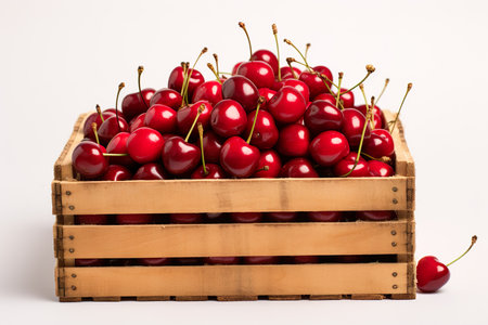 Ripe red cherries in a wooden box on a white backgroundの素材