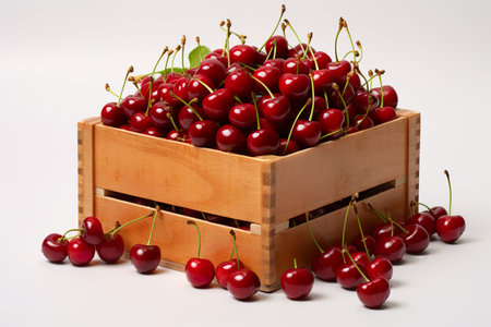 Ripe cherries in a wooden box on a white background.の素材