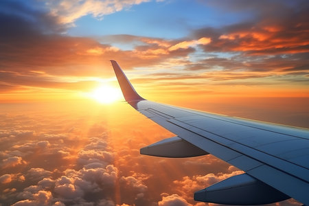 Wing of an airplane flying above the clouds at sunset or sunrise.の素材