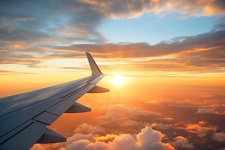 Wing of an aircraft flying above the clouds at sunset. Travel conceptの素材