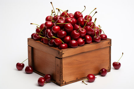 Ripe red cherries in a wooden box on a white backgroundの素材