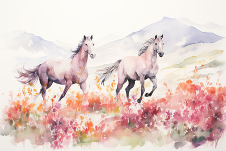 Watercolor painting of two horses running on the meadow in autumn.の素材