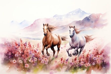 Watercolor painting of two horses running in the meadow with flowersの素材