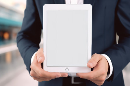 Businessman holding digital tablet with blank screen. Mockup for your designの素材
