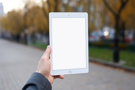 Mockup image of a woman's hand holding a tablet pc with a blank white screen in the streetの素材