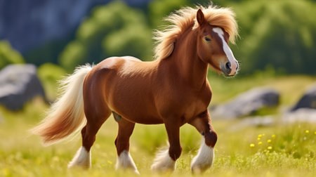 Portrait of a beautiful chestnut welsh cob stallion with long maneの素材