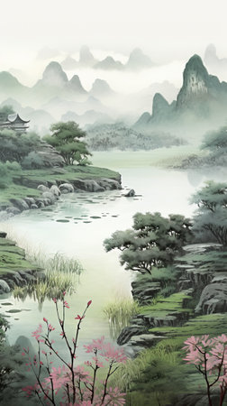 Chinese landscape with a river and a mountain in the mist. Digital painting.の素材