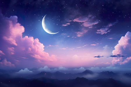 Night sky with clouds and moon. 3d rendering. Computer digital drawing.の素材