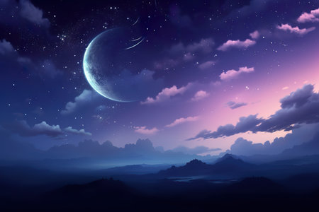 Fantasy landscape with moon and stars in the night sky. Vector illustration.の素材