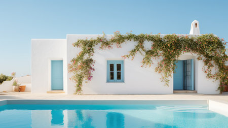 White villa with swimming pool on a sunny day. 3d renderingの素材