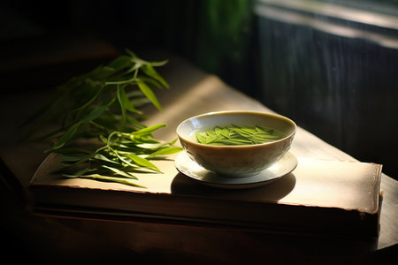 Green tea in cup and bamboo leaves on old book in dark roomの素材