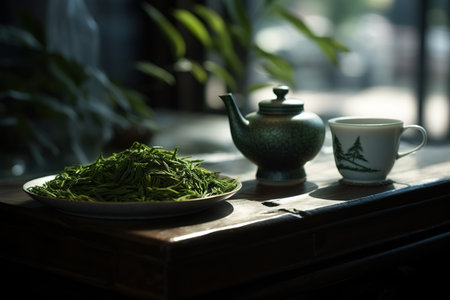 Green tea leaves and teapot on the table in the morningの素材