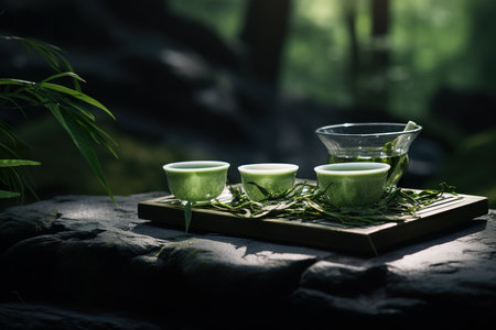 Green tea in a glass cup on a bamboo stand with green leavesの素材