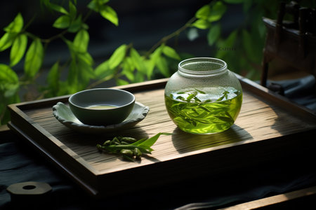 Green tea in a glass teapot on a wooden tray.の素材