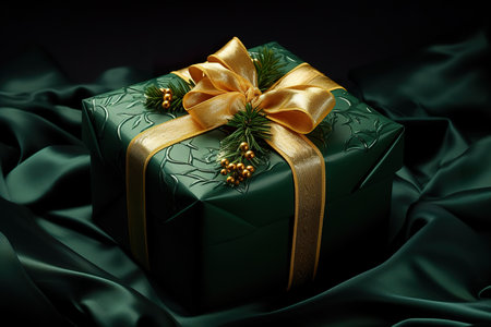 Green gift box with golden bow on dark green satin background.の素材
