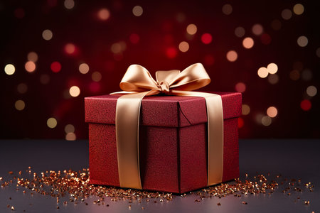 Red gift box with golden bow on dark background with bokeh lightsの素材