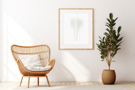 Interior of living room with wicker armchair, plant and mock up poster frame. 3d renderの素材