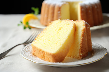 Slices of tasty lemon cake on plate on table, closeupの素材
