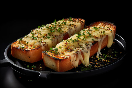 Grilled bread with cheese and parsley on a black background.の素材