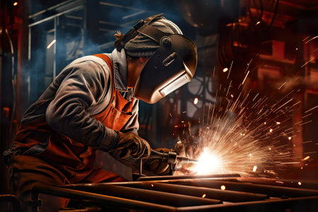 Industrial worker with protective mask welding steel structure in a factory.の素材