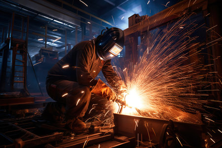 Welder at work in a car factory welding metal with sparks.の素材