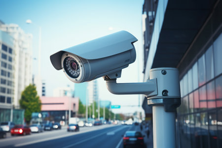 CCTV security camera or surveillance system on modern city street. 3d renderingの素材