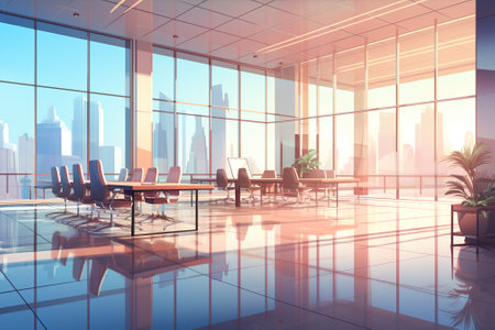 Office interior with panoramic window and city view. 3D Renderingの素材