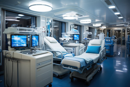 Interior of a modern hospital room with equipment and medical devices.の素材