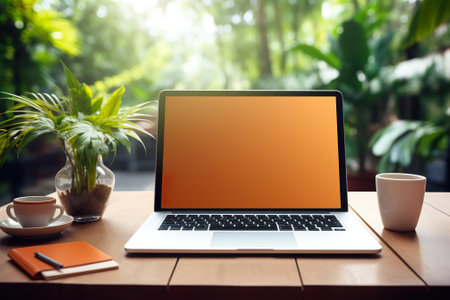 Laptop with blank screen on wooden table in coffee shop, stock photoの素材