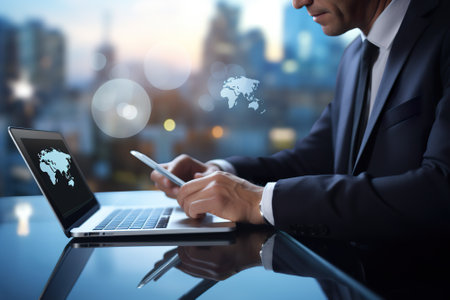 business, technology, internet and people concept - close up of businessman with smartphone and laptop computer over city backgroundの素材