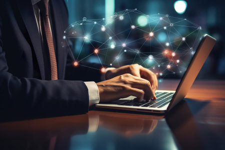 Businessman working on laptop with global network connection concept. Double exposureの素材