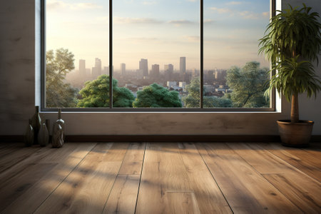 Wooden floor with panoramic view of the city at sunsetの素材