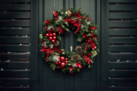 Christmas wreath on the door of a house, christmas decorationの素材