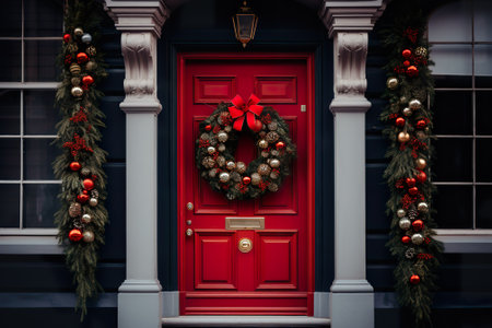 Red door with christmas wreath and red doorbells. Christmas decoration.の素材