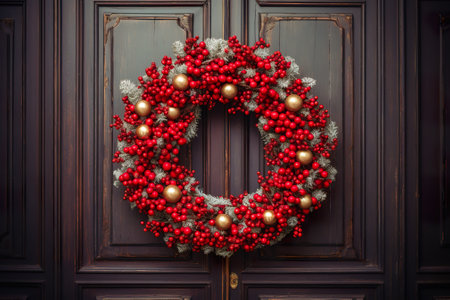 Christmas wreath on the door of the old house. Christmas decorationの素材