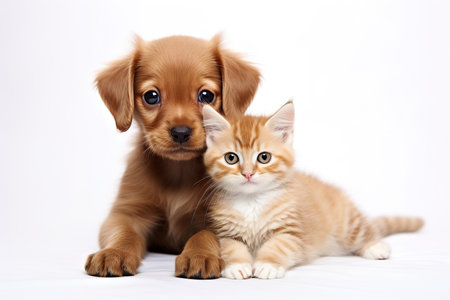 Adorable puppy and kitten together on white background. Studio shot.の素材