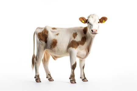 Cute white and brown cow standing isolated on a white background.の素材