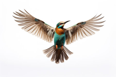 European bee eater (Merops apiaster) in flight isolated on white backgroundの素材