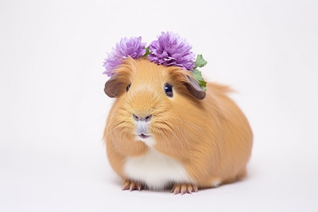 Guinea pig with a wreath of purple flowers on a white backgroundの素材
