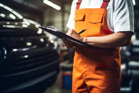 Cropped image of auto mechanic writing on clipboard in auto repair shopの素材