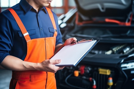 auto mechanic or serviceman holding clipboard and checking car engine in garageの素材