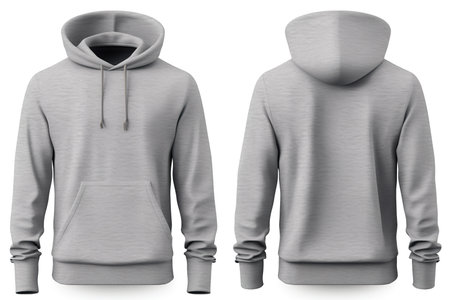 Blank grey hoodie template, front and back view, isolated on white backgroundの素材