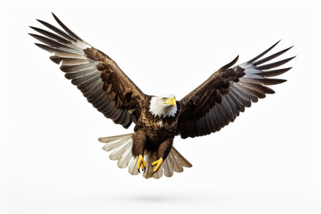 Bald Eagle flying isolated on white background. 3D illustration.の素材