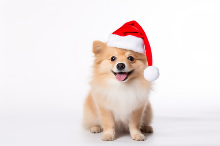 Cute pomeranian dog in santa hat on white backgroundの素材