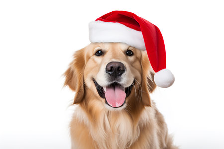 Golden Retriever dog wearing a Santa Claus hat on white backgroundの素材